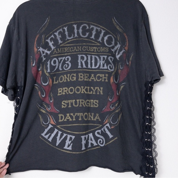 NEW Affliction Speed to Burn Graphic Biker Moto Tee L Black Lace Sheer Grommet - Picture 9 of 9